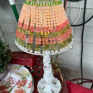 Beautiful Porcelain rose bud lamp and beaded lamp shade. One of a kind.